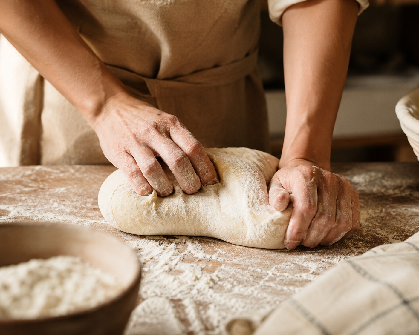 Baker's hands kneading dough